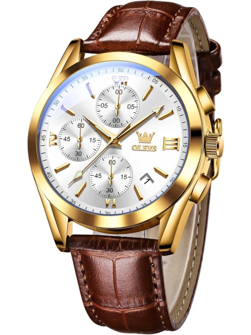 Olevs Men's Gold White Analog Leather Large Face Date Luxury Design Wrist Watch